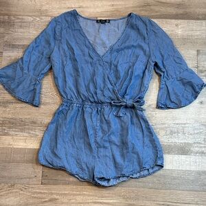 Iris Blue Denim Romper with Bell Sleeves Size S